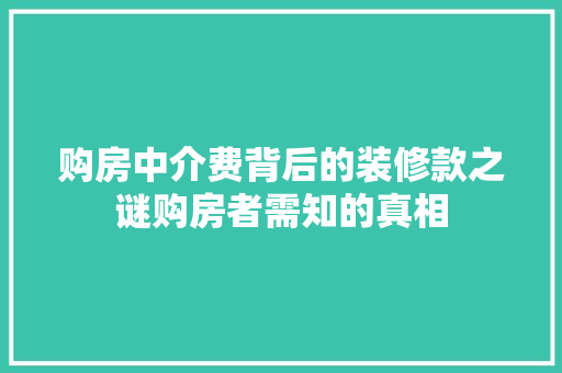 购房中介费背后的装修款之谜购房者需知的真相